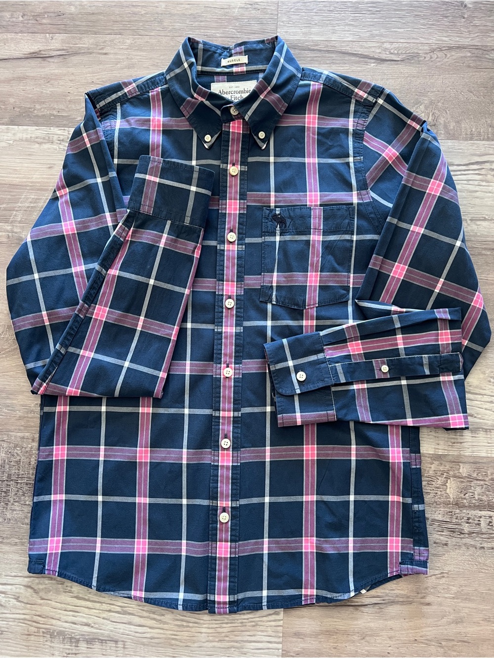Abercrombie & Fitch Mens Muscle Button Down Shirt Sz L Blue Pink Plaid Preppy